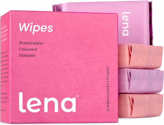 Lena Feminine Wipes Mini - Flushable, Unscented & Ph Balanced - Period Travel Kit - Menstrual Cup Wipes & Menstrual Disc Cleaner - 32 Count
