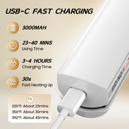 Cordless Hair Straightener and Curler 2 in 1, Fast Heating Cordless Flat Iron, Ultra-Light Portable Straightener for On The Go, Anti-Scald Design with USB-C Charging& Negative Ion (White)
