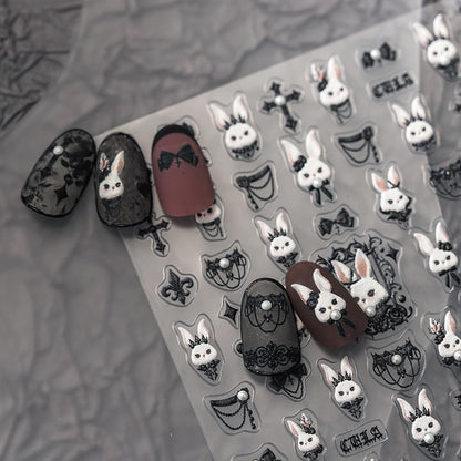 5D Embossed Bunny Nail Stickers Lovely Rabbit Nail Art White Black Nail Decals Cute Stickers for Nails Designs Self Adhesive Nail Art Supplies & Decorations for Women Girls 1 Sheet