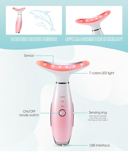 7 Color Neck Face Massager - Facial Massager Tool for Skin Care at Home, Vibrating Face Massager with Thermals, Pink