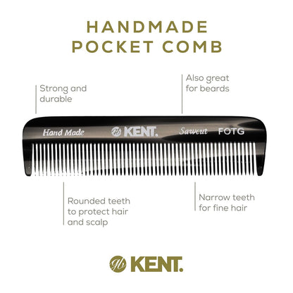 Kent A FOT Handmade Pocket Comb for Men, Women and Kids, All Fine Tooth Hair Comb Straightener for Everyday Grooming and Styling Hair, Beard and Mustache, Saw Cut and Hand Polished, Made in England