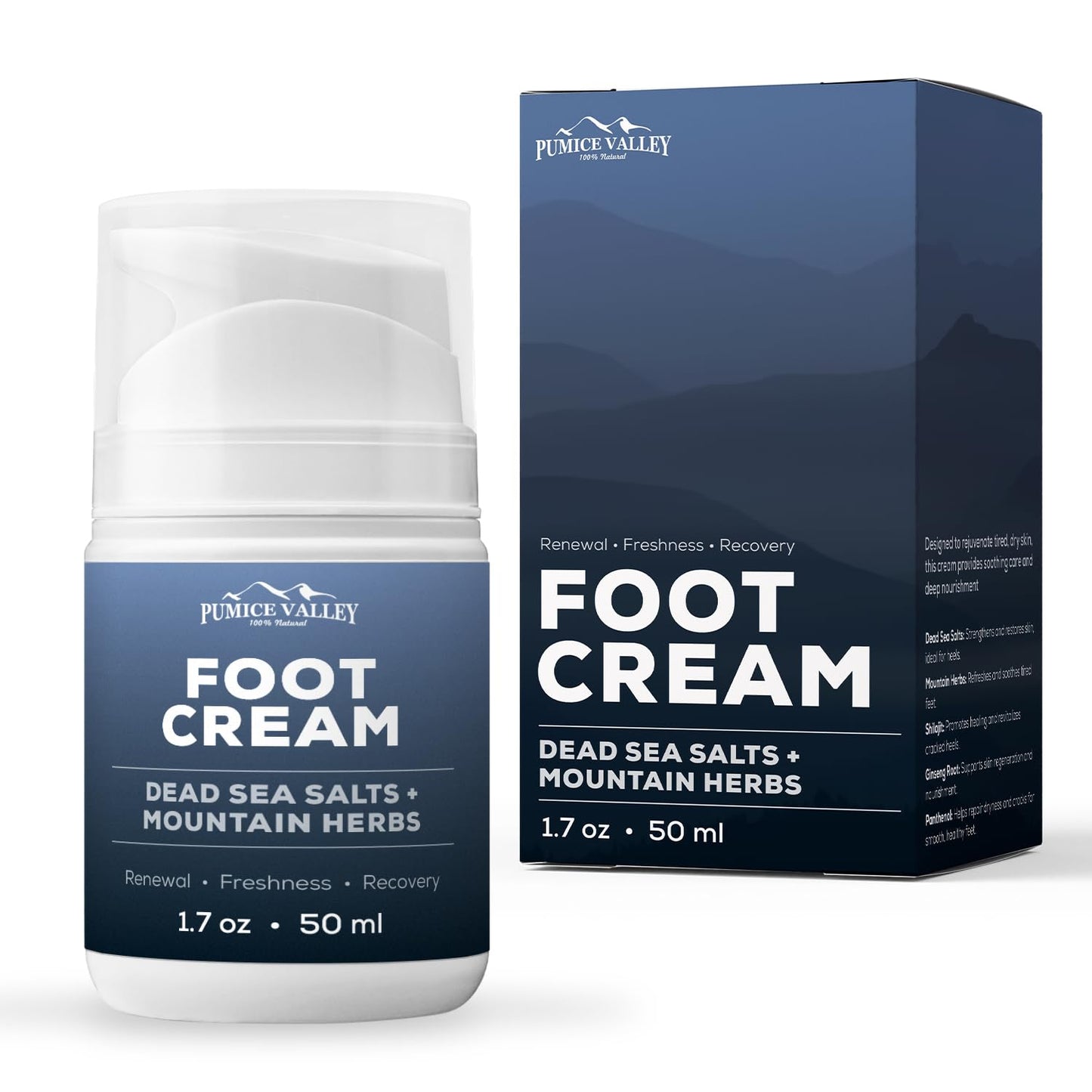 Pumice Valley Foot Cream for Dry Cracked Feet and Heels - Natural Moisturizer, Corn, Calluses Treatment - Skin, Body Lotion, Dead Sea Salts, Shilajit, Mountain Herbs 1.7 Oz