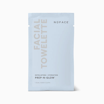 NuFACE Prep-N-Glow Facial Towelettes - 2-in-1 Exfoliating + Cleansing Makeup Remover Wipes, Hyaluronic Acid Travel Face Wipes to Hydrate & Brighten for Glowing Skin - 5 Individually Wrapped Cloths