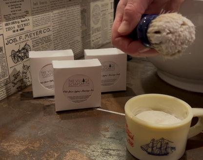 Old Spice Shaving Soap, thick lather, wonderful scent. Just like dad and grandpa used.