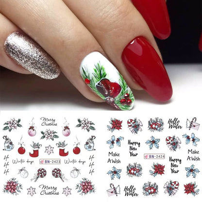 12 Sheets Christmas Nail Art Stickers Snowflake Water Transfer Nail Decals Holographic Gingerbread Man Snow Trees Winter Design Watermark Nail Foils Stickers for Women Xmas Nail Decorations