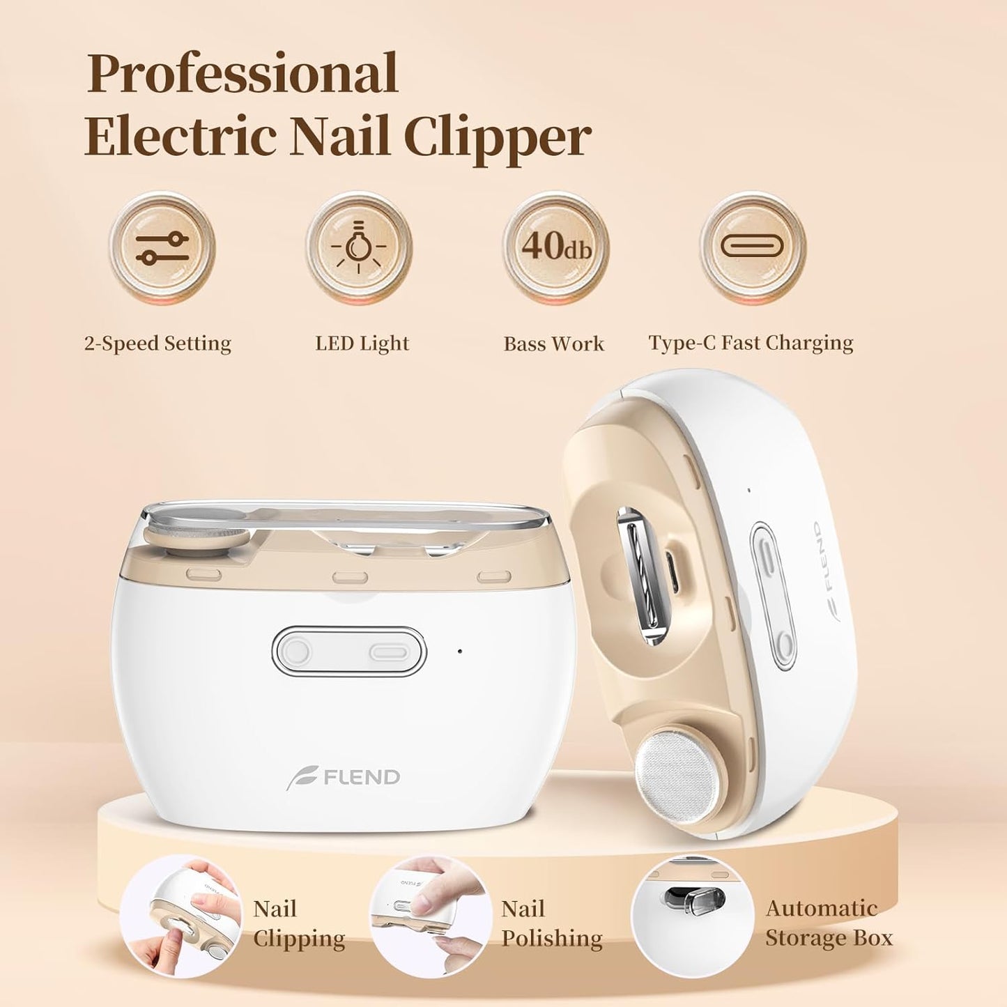 Electric Nail Clipper,2-in-1 Automatic Nail Clipper,ElectricNail Grinder,40DB Seniors Nail Trimmer,LED Light ElectricNail Trimmer for Baby,Kids,Adults,Seniors,Manicure Set,Nail Kit Portable White