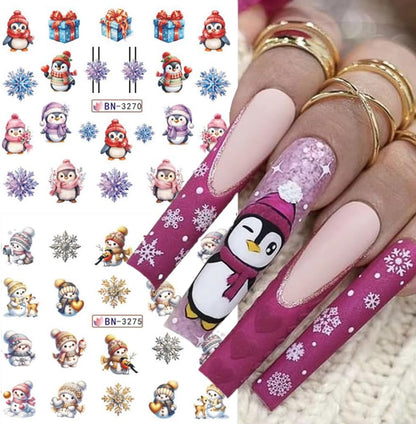 Christmas Nail Art Stickers Snowman Snowflake Water Transfer Nail Decals Xmas Winter Nail Art Decorations Cute Penguin Santa Claus Elk Gingerbread Man Gift Design Nail Foil Sticker for Women DIY Nails