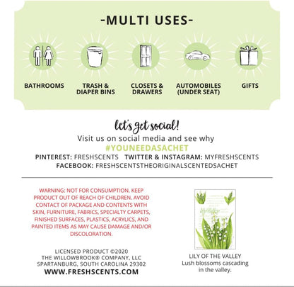 WILLOWBROOK | Fresh Scents Scented Sachet Packet | Lily of The Valley | Air Freshener Bags for Drawers, Closets, Cars | 6 Pack | Long Lasting Home Fragrance