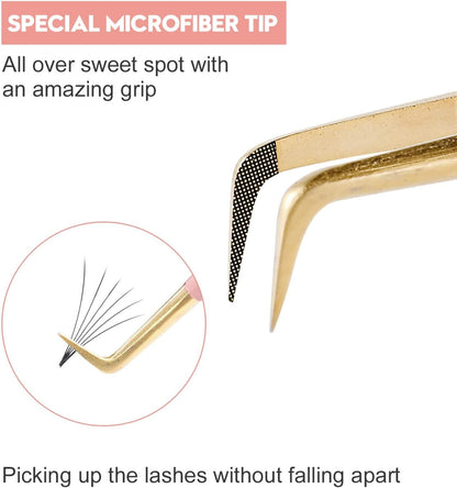 Ms.Queen Lash Extension Tweezers,Diamond Grip 90 Degree False Lashes Tweezers 3D 6D Mink Eyelash Make Fans
