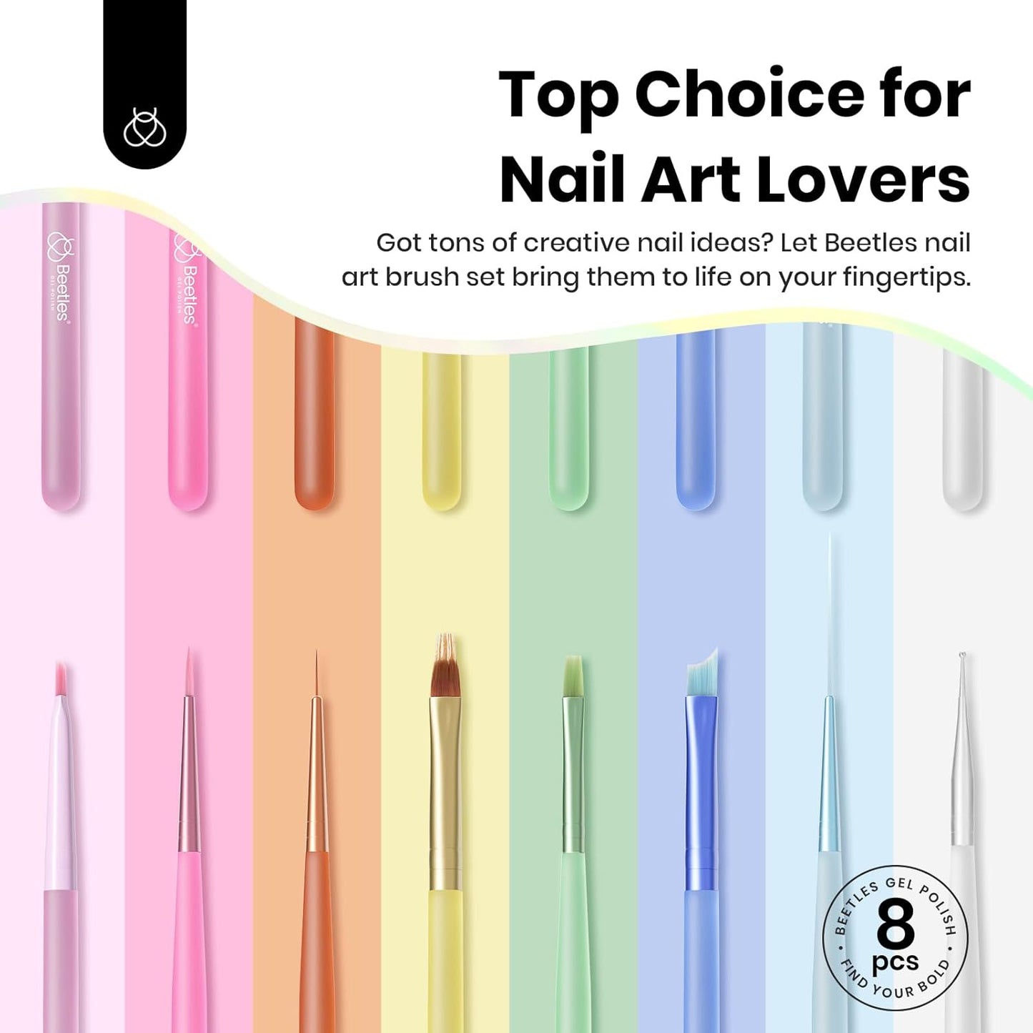 Beetles Nail Art Brushes Set for Gel Polish 8 Pcs - Nail Art Design Pen Fingernail Painting Dotting Tool, Liner Gradient Clean Up Brush DIY with Palette Rainbow Pastel Pen Set Manicure Kit