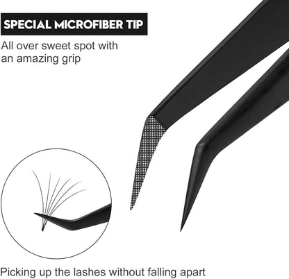Ms.Queen Lash Extension Tweezers, Fiber Tip Lashing Tweezers for Volume & Individual Eyelash Extensions,Black