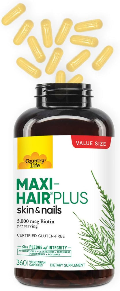 Country Life Maxi-Hair Plus 5000 mcg Biotin, 360 Capsules, Certified Gluten Free, Certified Vegetarian