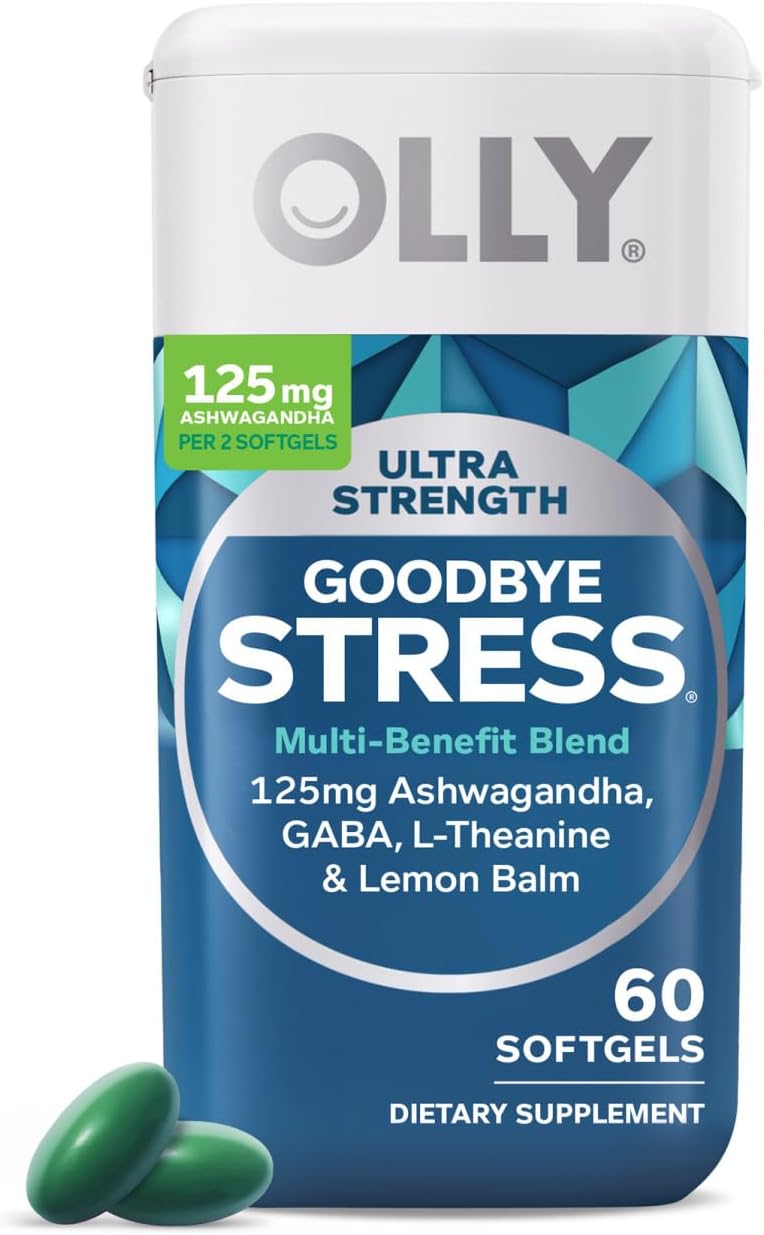 OLLY Ultra Strength Goodbye Stress Softgels, GABA, Ashwagandha, L-Theanine and Lemon Balm, Stress Relief Supplement - 60 Count