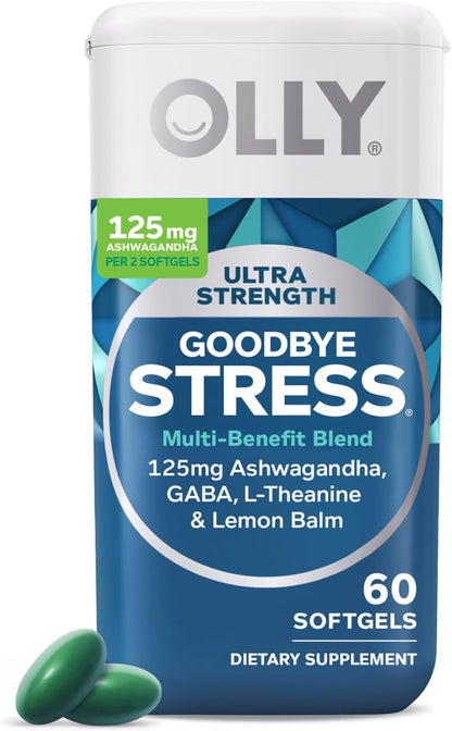 OLLY Ultra Strength Goodbye Stress Softgels, GABA, Ashwagandha, L-Theanine and Lemon Balm, Stress Relief Supplement - 60 Count