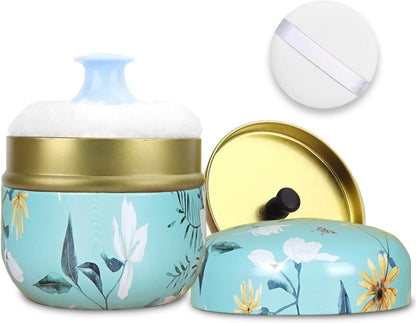 SHIMIDO Body Powder Puff and Container, 3.15" Portable Empty Body Powder Container for Baby Women's Loose Dusting Powder, Powder Case Box with Lids for Bath, Travel and Home Use (Cyan Flower)