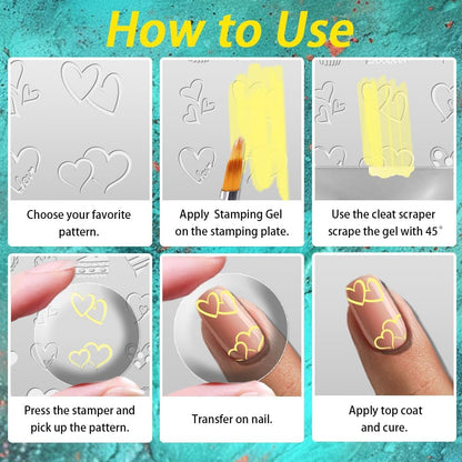 3Pcs Bow Nail Stamping Plate Set Girly Elements Romantic Heart Shape Stainless Steel Nail Stamp Templates Clear Silicone Nails Stamping with Stamper Scraper for Manicure Printing