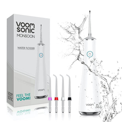 Voom Sonic Water Flosser (Cordless) | Water Pick Includes 4-Tip Portable Water Teeth Cleaner Picks, Rechargeable Water Dental Picks for Cleaning (White)