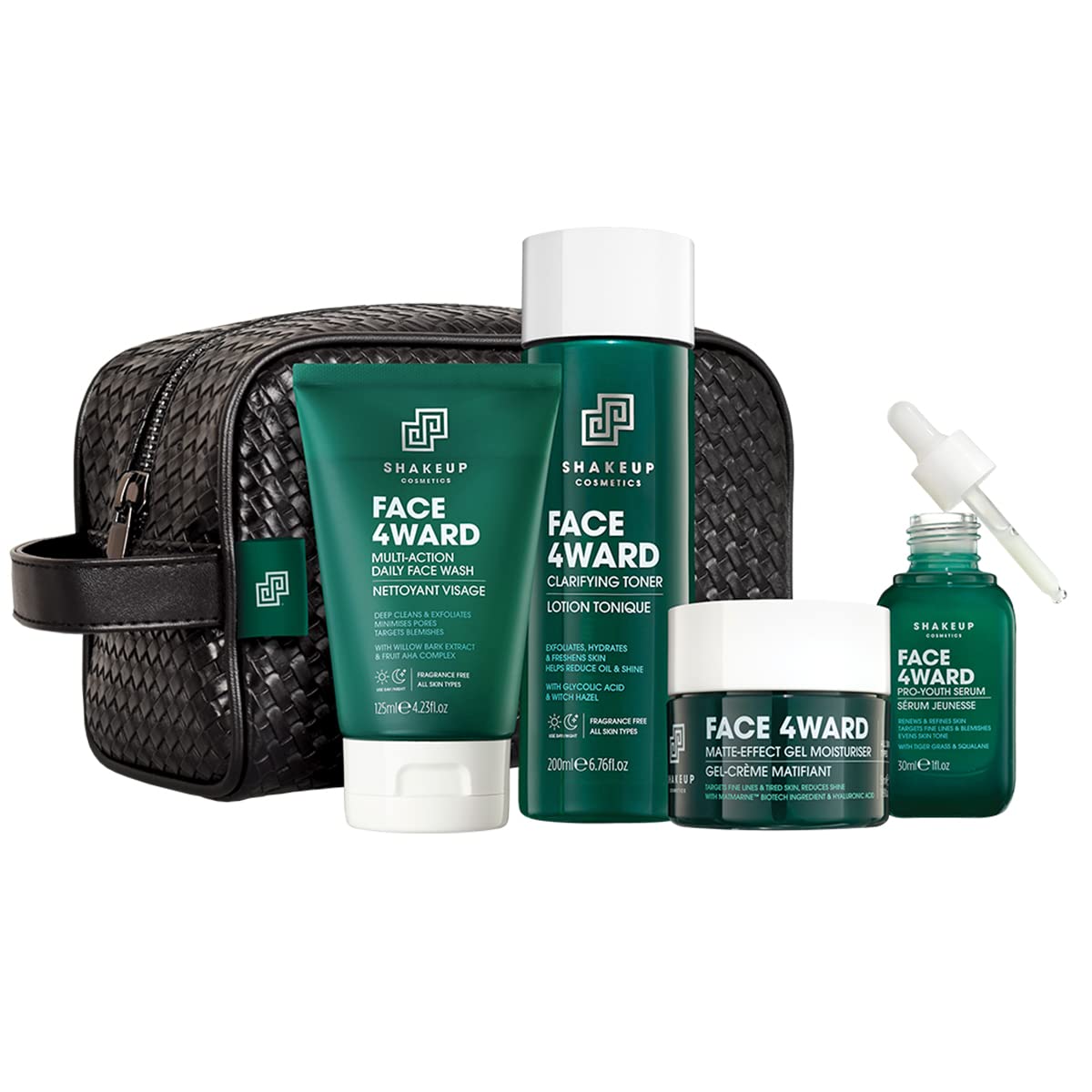 Shakeup - Mens Skincare Routine with Wash Bag, Gift Set, Daily Face Wash, Clarifying Toner, Anti Ageing Serum, Matte-Effect Moisturiser, Plus Wash Bag