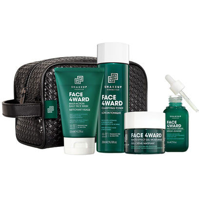 Shakeup - Mens Skincare Routine with Wash Bag, Gift Set, Daily Face Wash, Clarifying Toner, Anti Ageing Serum, Matte-Effect Moisturiser, Plus Wash Bag