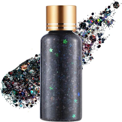 Cool Black Face Body Hair Glitter Gel for Halloween Party Festival Rave Accessories, Long Lasting Shimmer Holographic Chunky Mermaid Sequin Sparkling Paint Makeup for Women Kids, 1oz