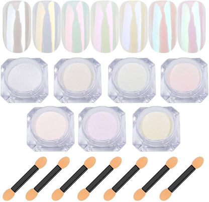 7 Colors Chrome Nail Powder Aurora Metallic Holographic Mirror Effect Dip Nail Powder Kit, White Pearl Iridescent Shell Powder Glitter Nail Art Pigment Manicure for Nails