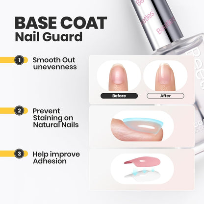 Beetles 2Pcs 15ml Nail Polish Top Coat and Base Coat Set, Fast Drying & Long Lasting Shine Clear Nail Polish, 3 IN 1 Protects Nails, Enhances Glossy and Nourishes Nails