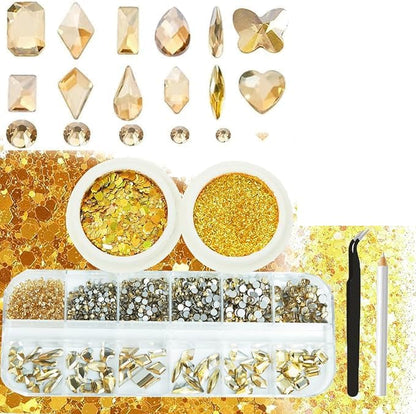 3 Boxes Champagne Gold Nail Rhinestones with Fine Glitters Kit, 60Pcs Big Glass Nail Gems with S6-S16 Flatback Round Stones,Crystals Nail Gem Stones for Faces Body DIY Crafts
