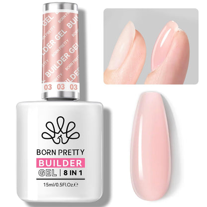 BORN PRETTY Builder Gel for Nails, 8-in-1 Extension Gel Strengthener Gel Hard Builder Nail Gel Base Top Gel, Pink Gel Builder Rhinestone Nail Glue Gel in A Bottle Nails 15ML
