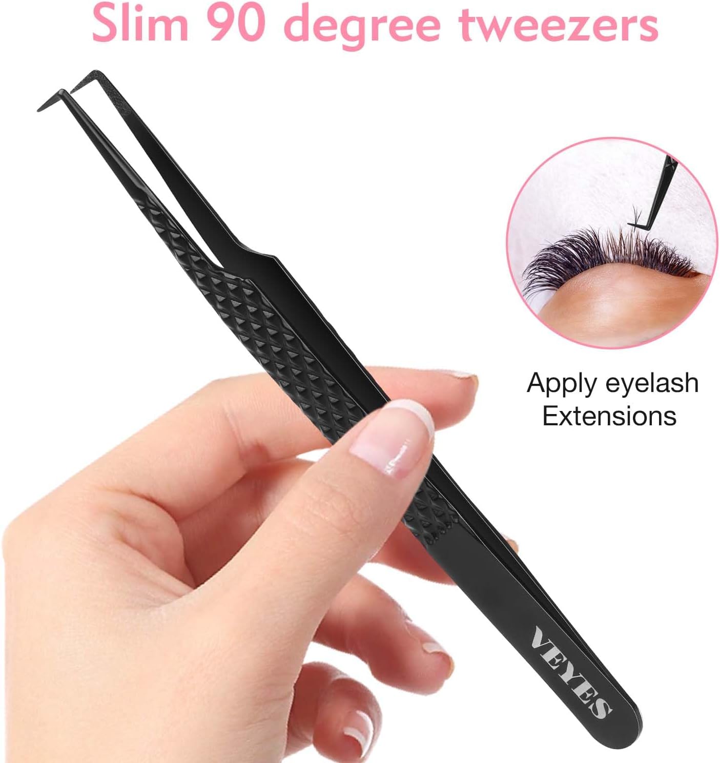 VEYES INC Lash Tweezers for Eyelash Extensions,Fiber Tip Tweezers for Individual Classic and Volume Lash,Stainless Steel Lash Tweezers-Slim 90 Degree