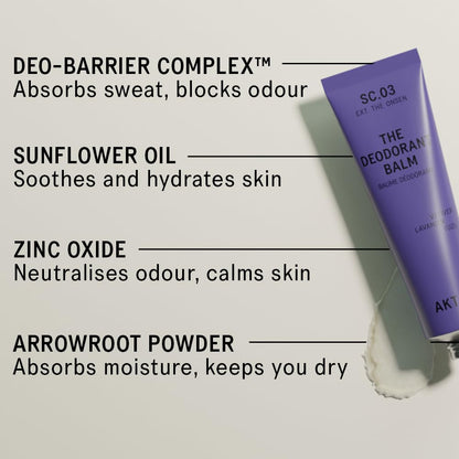 AKT, THE DEODORANT BALM. Award winning, multi-use, natural deodorant. Plastic Free. Gender Free. Aluminium Free. 100% effective — 1 tube lasts up to 3 months.SC.03 THE ONSEN. 50ml/1.76 FL.OZ
