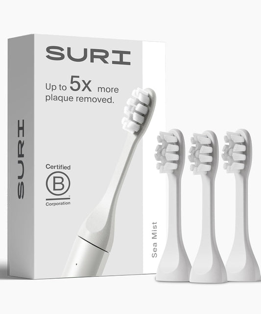 SURI Recyclable Plant-Based, Electric Toothbrush Heads - Built-in Tongue Scraper, Long Lasting Replacement Heads | Compatible Only with SURI Sonic Electric Toothbrush - Sea Mist, Pack of 3