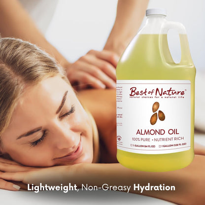 Best of Nature 100% Pure Sweet Almond Oil – Moisturizing Massage & Body Oil, Unscented for Hair, Skin, Face, Soap Making, Aromatherapy, Ideal Carrier for Essential Oils, 1 Gallon (128 fl oz)