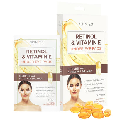 Retinol and Vitamin E Under Eye Patches - Reduce Wrinkles & Fine Lines, Dark Circles, Eye Bags, Depuffing Under Eye Pads - Cruelty Free Korean Skin Care For All Skin Types - 5 Pairs