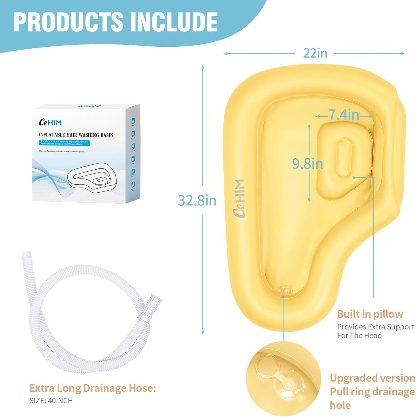 Portable Inflatable Shampoo Basin for Bedridden & Elderly - Zero Pooling Design | Fast-Drain Slope & Neck Support | Portable Hair Wash Bowl, Drain Hose | Hospital PVC | Home Use (Yellow, Large)