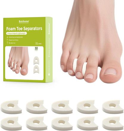 Bukihome 50 Pack Foam Toe Separators - Correct Overlapping Toes and Reduce Friction - Breathable and Comfortable, Foam Toe Spacers for Women