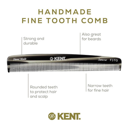 Kent F3T Black Graphite Fine Tooth Comb - Hair Parting and Straightening Comb for Men's & Women's Dandruff Remover, Saw Cut and Hand Polished Made in England