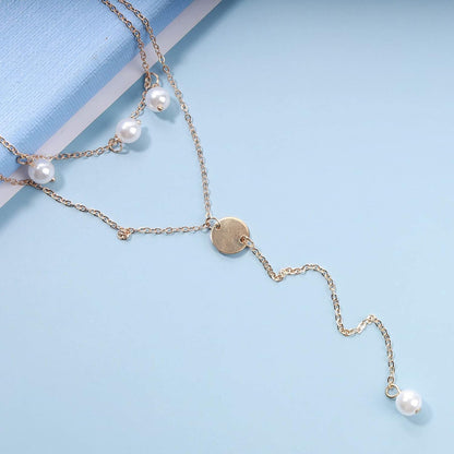 Boho Layered Disc Pearl Necklace Gold Coin Pendant Necklace Long Y Lariat Necklace Chain Vintage Pearl Dangle Chain Necklace Jewelry for Women and Girls Gifts