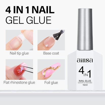 AILLSA Gel Nail Glue for Acrylic Nails, 4 in 1 Super Strong Nails Gel Glue for Fake Nail Tips,15ML High Capacity Long Lasting Brush On Nail Glues for Rhinestone Pearl Foil, (U V Lamp Curing Needed)