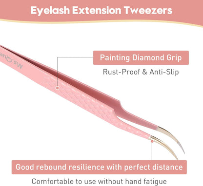 Ms.Queen Volume Lash Tweezers Set,2Pcs Fiber Tip 45 Degree Volume and Curved Isolation Eyelash Extension Tweezers