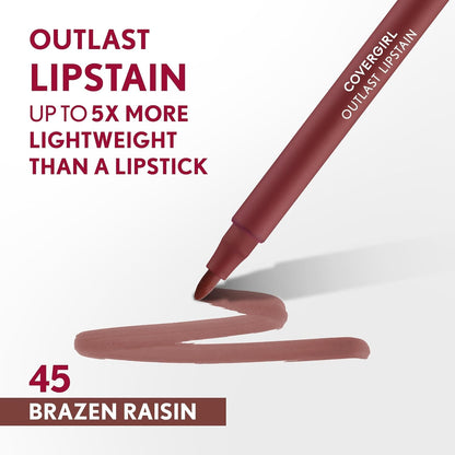 COVERGIRL Outlast, 45 Brazen Raisin, Lipstain, Smooth Application, Precise Pen-Like Tip, Transfer-Proof, Satin Stained Finish, Vegan Formula, 0.06oz