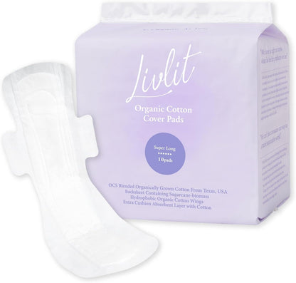 Livlit Super Long Overnight Sanitary Pads, 100% Organic Cotton from Texas, Heavy Absorbency, Powerful Leak Protection, Unscented, Extra Long Length Pads for Women (10 Count)