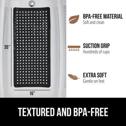GORILLA GRIP Patented Bath Tub Shower Mat, Machine Washable Bathtub Floor Liner Mats, Suction Cups and Drain Holes to Keep Tubs Clean, Soft on Feet, Bathroom Essentials, 35x16 Inch, Black