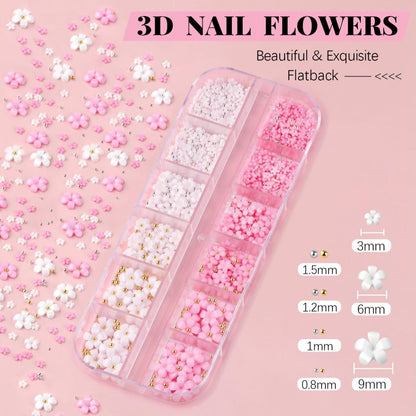 3D Flowers for Nails, Colorful Acrylic Flower Nail Charms with Caviar Beads, Flat Back Glass Crystal AB + Clear Gemstones Round Gems Rhinestones for Nails and Acrylic Nails with Dotting Tools