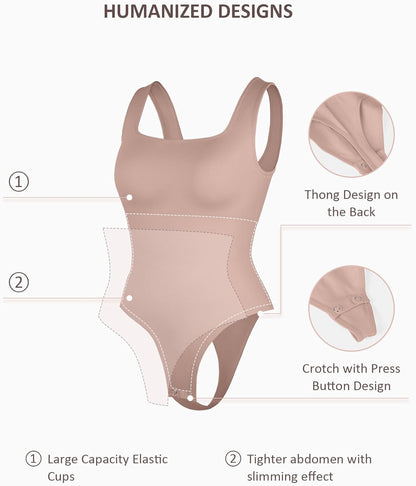 FeelinGirl Bodysuits for Women Seamless Square Neck Tummy Control Compression Thong Shapewear Bodysuit Tank Tops Bodysuit