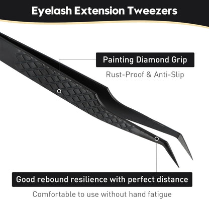 Ms.Queen Lash Extension Tweezers, Professional 45 Degree Fiber Grip Tweezers for Eyelash Extensions,Black