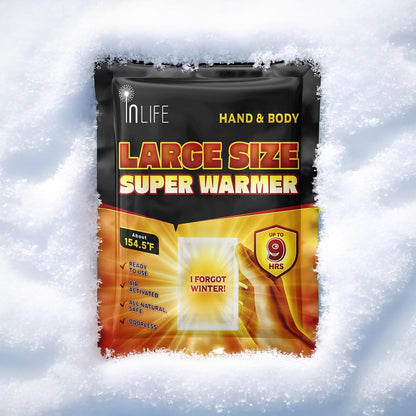 InLife Large Size Super Warmer for Hands and Body, All Natural & Safe, Bigger & Wider Area Covered, Higher Heating 145°F, Air Activated, Easy & Comfort, Steady Longer Lasting, Odorless, 40 Packs