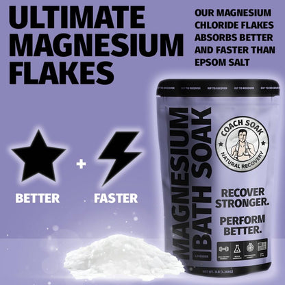 Coach Soak Recovery Bath Soak - Faster Absorption Than Epsom Salt for Pain - Rejuvenating Magnesium Flakes with 21 Minerals, Essential Oils & Bath Salts, 3lbs (Calming Lavender)