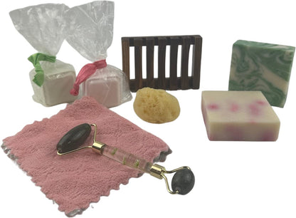 ModaMoo's Day Spa Gift Box Set. Cucumber Melon and Asian Tea Blossom Soaps, Jade Roller, Sea Sponge, and More