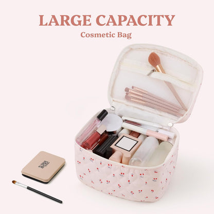 Prite Large Cosmetic Bags for Women Cute Makeup Bag Floral Coquette Aesthetic Toiletry Bag Travel Make Up Organizer Bag (Cherry)
