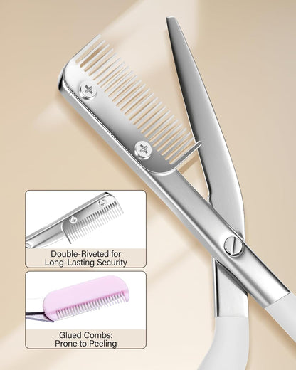 Eyebrow Scissors for Women, Stainless Steel Beauty Scissors with Comb, Precision Trimming Tool for Brows & Facial Hair, Sharp Blades with Safety Guard, Compact & Travel-Friendly (Yellow)